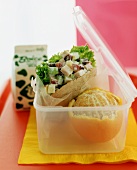 Lunch für Kinder: Pitabrot mit Hähnchensalat, Orange, Milch