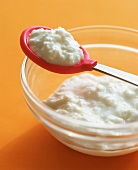 Cottage Cheese on a Baby Spoon and in a Bowl