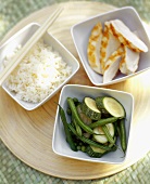 Grilled Chicken, Rice and Steamed Vegetables in Square Bowls