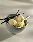 Vanilla ice cream in bowl with spoon and vanilla pods