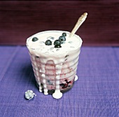 Joghurt mit Heidelbeeren rinnt aus dem Glas