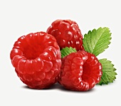 Three Raspberries with Leaves Close Up