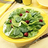 Mixed salad leaves with fresh raspberries