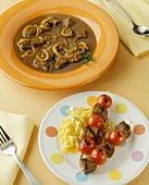 Beef Kabobs with Noodles (Kid's Meal) and a Bowl of Beef Stew (Grown Up Meal)