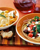 Linguine with Spinach, Olives, Tomatoes and Feta and Ravioli with Squash and Sage