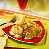 Apple and oat bake with vanilla ice cream and caramel sauce