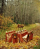 Festlich gedeckter Tisch im herbstlichen Wald