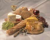 Cheese, Bread, Wine, Fruit and Olive Still Life