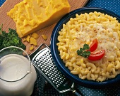 Macaroni and Cheese with Cheddar Wedge, Milk and Grater