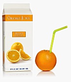 Orange juice in Tetra Pak carton, fresh orange with straw (USA)