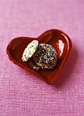 Colorful Chocolates in a Red Heart Shaped Dish