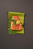 A Fresh Salmon Fillet with a Halved Lemon from Overhead