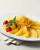 Orange Segments with Candied Zest, Raspberries and Mint