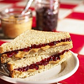 Peanut Butter and Jelly Sandwich Sliced In Half and Stacked on White Plate