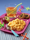 Child's Lunch Tray with Macaroni and Cheese, Onion Rings, Apple and Apple Juice; Jacks