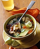 Chicken tortilla soup with vegetables and limes (Mexico)