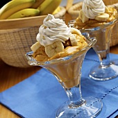 Butterscotch Pudding with Bananas and Whipped Cream in Dessert Glasses