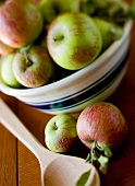McIntosh apples in bowl, apples and wooden spoon beside it
