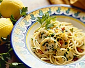 Bowl of Linguine with Scallops Parsley and Lemon Zest