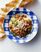Tri-Colored Fusilli Topped with Tomato Sauce and Parmesan Cheese
