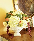 Arrangement of hydrangeas and roses