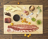 Various foods on wooden background