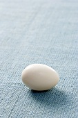 Ein weisses Ei auf blauem Stoff