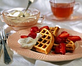 Waffles with Strawberries and Cream