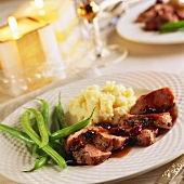 Duck Breast with Port and Cherry Sauce; Green Beans and Mashed Potatoes