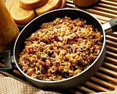 Cheesy Sausage, Bean and Rice Dinner in a Skillet