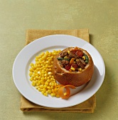 Beef Stew in a Bread Bowl with a Side of Corn