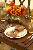 Place Setting with Cloth Napkin on Plate on Holiday Table Setting