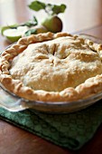 Freshly baked apple pie in the baking tin