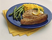 Grilled Tuna Steak with Yellow Rice and Asparagus