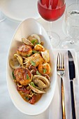 Scallops and Clams in an Oval Dish, From Above, Michy's Restaurant