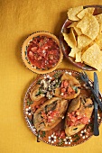 Chiles Rellenos with Salsa and Chips, From Above