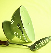 Green Colander with Slotted Spoon