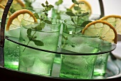 Cocktails mit Minze und Zitronenscheiben auf Tablett