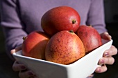 A Woman Holding a Bowl of Red, Ripe Mangos