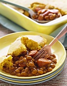 Franks and Beans with Cornbread Topping Casserole, Serving on a Plate