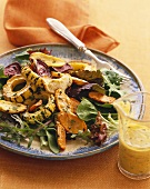 Roasted Vegetables Over Mixed Greens, Pitcher of Dressing