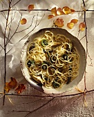 Bowl of Spaghetti with Fiddle Heads and Artichokes