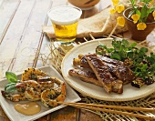 Asian Barbecue Ribs and Sauteed Shrimp, Chopsticks and Beer