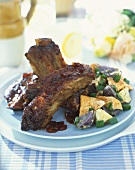 Barbecue Beef Ribs with Potato Salad on a Plate