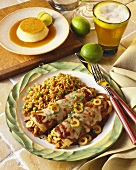 Chicken and Green Olive Enchiladas with Rice, Flan