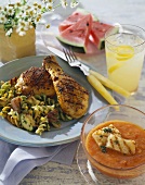 Grilled Chicken with Pasta Salad, Bowl of Gazpacho, Lemonade, Watermelon