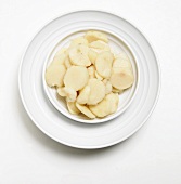 Sliced Water Chestnuts in a White Bowl