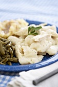 Chicken and Dumplings Over Mashed Potatoes with Green Beans