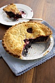 Sliced Blueberry Pie in Disposable Pie Pan; Slice of Pie on a Plate