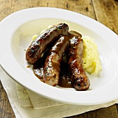 Three Sausages with Mashed Potato and Gravy